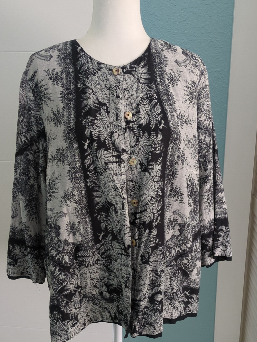 Vintage Lightweight Black & White Printed Button-Front Women's Blazer Top Sz L